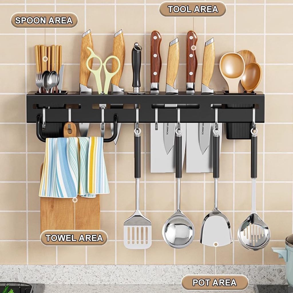 KEMLOZE Metal Spoon Holder Organiser for Kitchen, Kitchen Shelf Wall Mount Knife Holder With Towel Hanger, Spatulas Hanging Hooks, Multi-Purpose Cutlery Holder Storage Rack 2