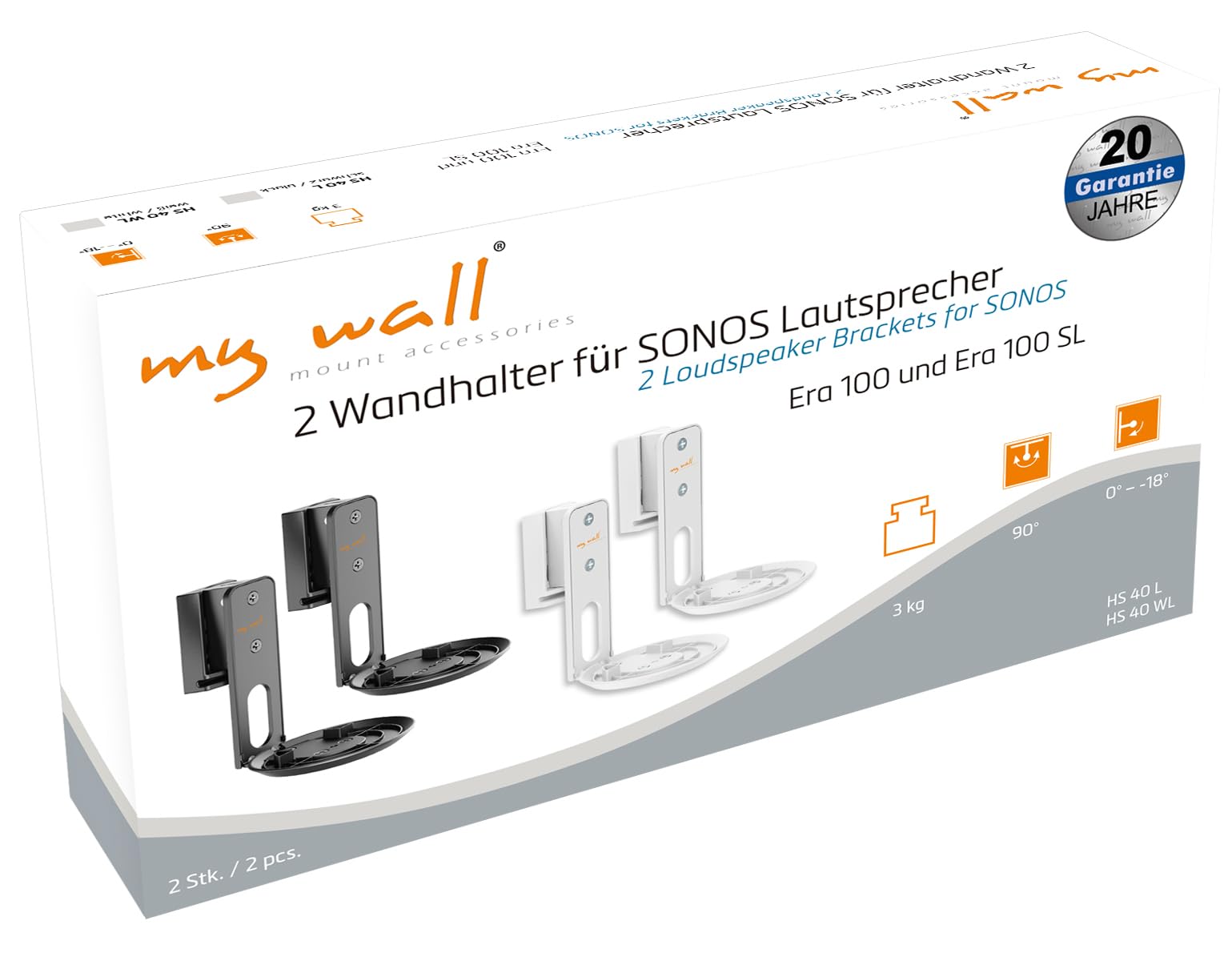 my wall Sonos Era100 HS40WL Lot de 2 Supports muraux pour Sonos Era100, inclinable, pivotant, Peu encombrant, Parfaitement réglable, Support Sonos avec Gestion des câbles