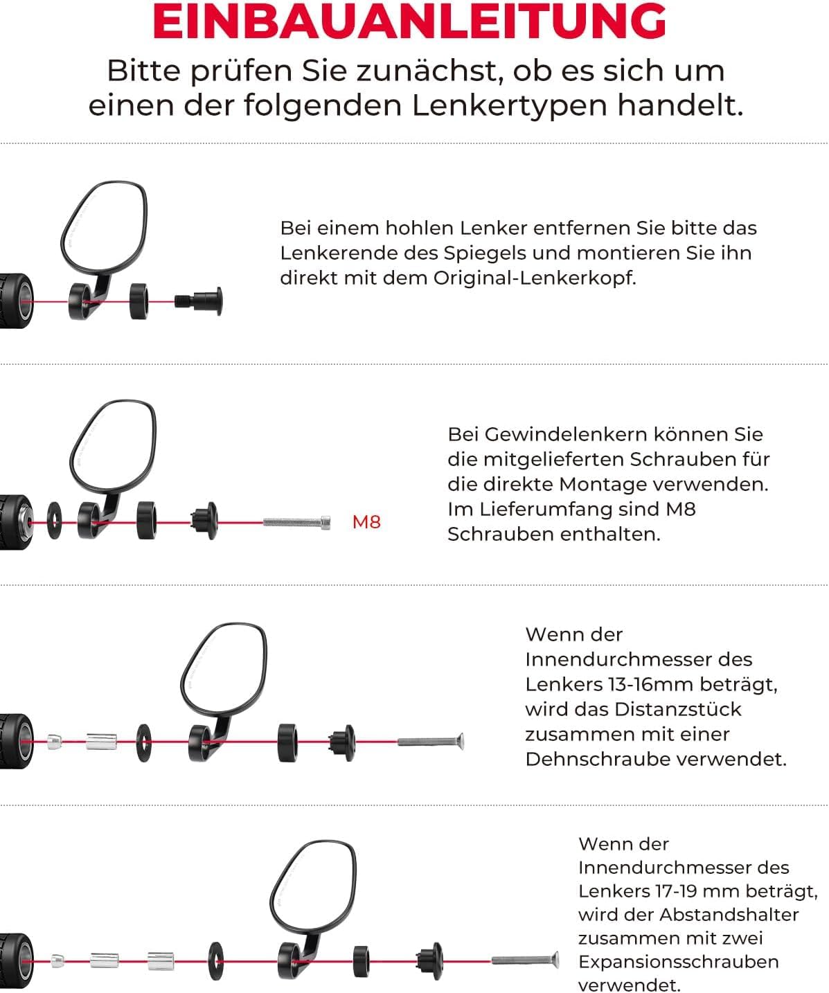 KEMIMOTO Lenkerendenspiegel Motorrad E-geprüft, 2 Stücke Universal Motorradspiegel für Lenker,360°drehbarer Lenkerspiegel Motorrad, 7/8" 22mm Seitenspiegel Kompatibel mit Roller, ATV