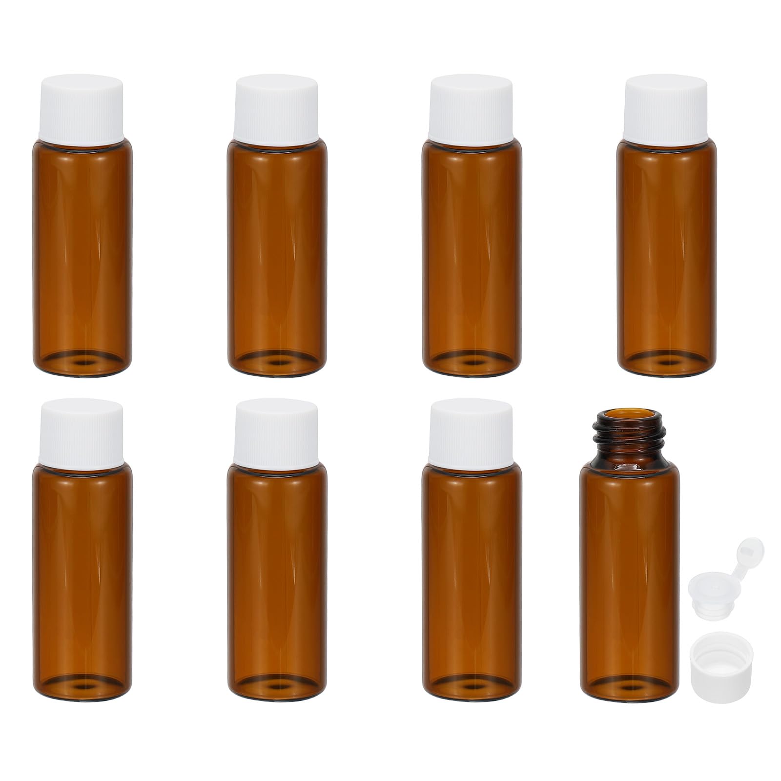 PATIKIL Butelki na olejki eteryczne 20 ml, 8 opakowań butelek ze szkła bursztynowego z reduktorem kryzy, fiolka na próbki, wąska zakrętka, pojemnik na fiolki do przechowywania, biały