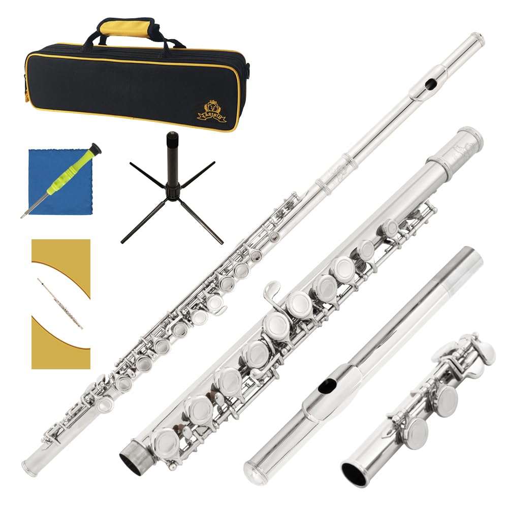 C Flute Closed Hole 16-Key Flute for Beginner Kids Student Flute Instrument with a Carrying Case, Stand, Music Book, Gloves and Cleaning Kit (Nickel)