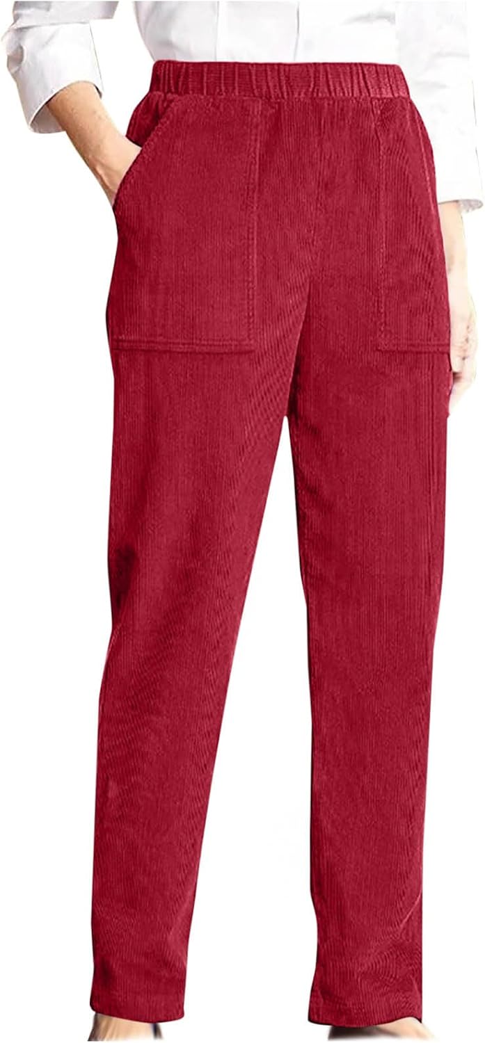 Womens Corduroy Pants Casual Elastic High Waisted Straight Leg Pull On Trousers Loose Comfy Cotton Slacks with Pocket