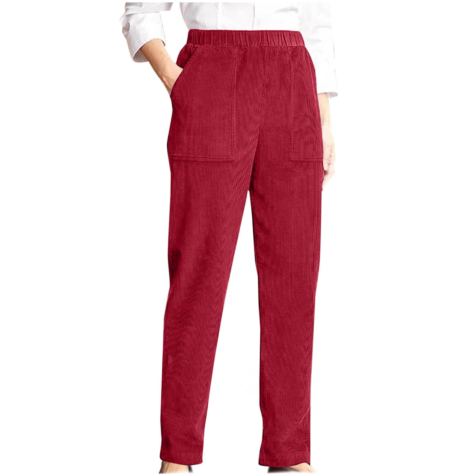 Vintage Corduroy Pants Women Casual Elastic High Waisted Straight Leg Pull On Trousers Loose Comfy Slacks with Pockets