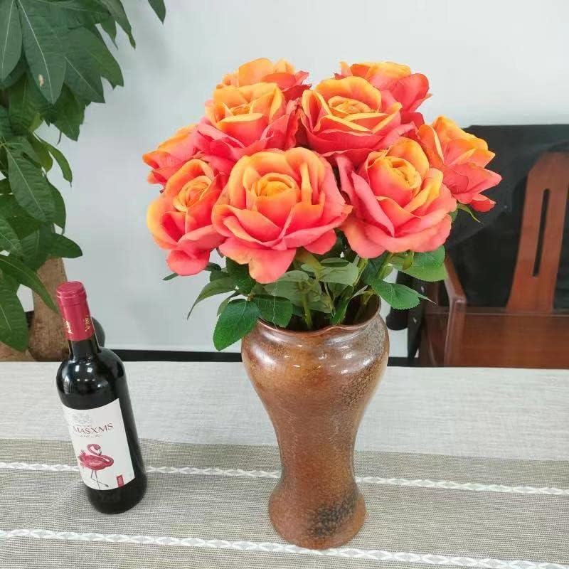 ATFL Fake Sunset Red Roses Artificial Flowers Bulk,Floral Diameter 4'',12 Pcs Artificial Silk Roses Flowers with Stems for Wedding Arrangement Centerpieces Party Home Table Decorations (Orange & red) - Image 5