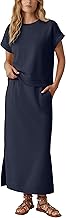 GRECERELLE Two Piece Outfits Casual Tracksuit Womens Full Set Summer Short Sleeve Lounge Wear Sets for Women Crew Neck Ladies Tops and Elastic Waist Midi Skirt with Pockets