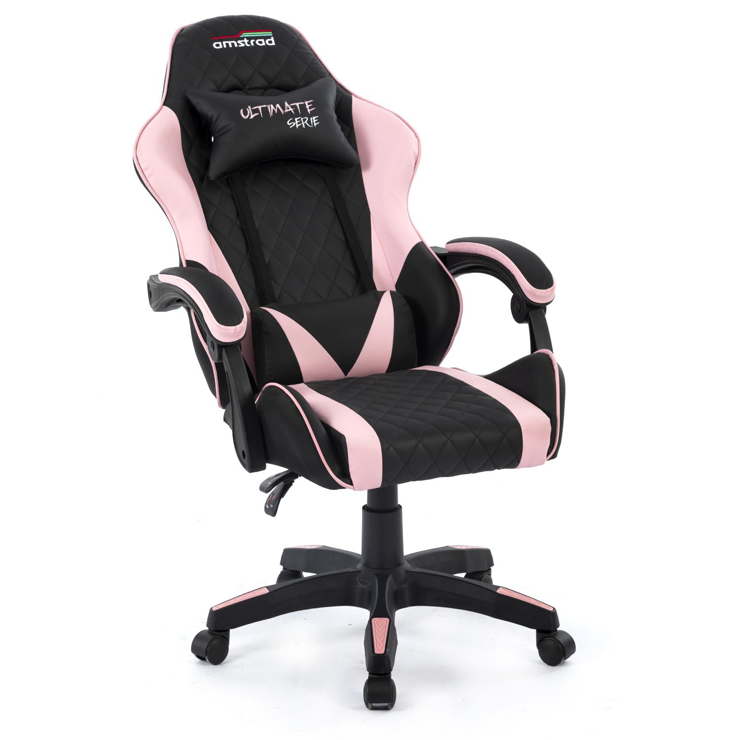 Amstrad Ultimate-Pink Fauteuil/Chaise de Bureau Gamer Coloris Noir & Rose - Coussin Lombaire & appuie tête