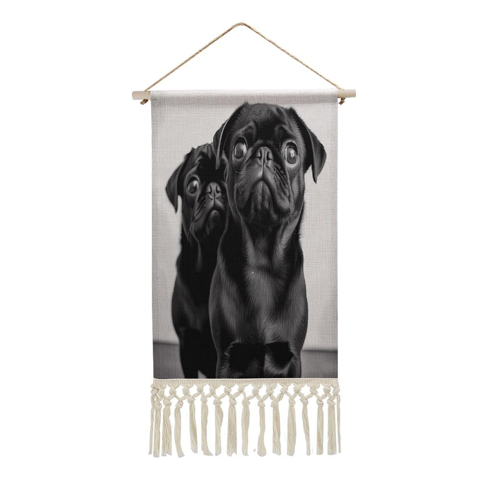 VstaDank Cute Black Pug Dog Wall Art Decor with Tassels 20"x10" Cotton Linen Hanging Tapestry Decor Wall Art Prints Wood Frame Boho Wall Art Poster for Bedroom Living Room Office