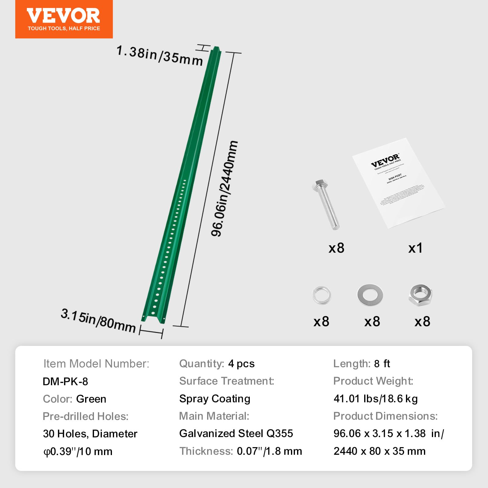 VEVOR Poteau pour Panneau de Signalisation 244 cm, Support pour Panneau de Signalisation Lot de 4, Poteau pour Porte-Affiche Profilé en U, pour Indiquer la Route, Sécurité Routière Parking, Vert