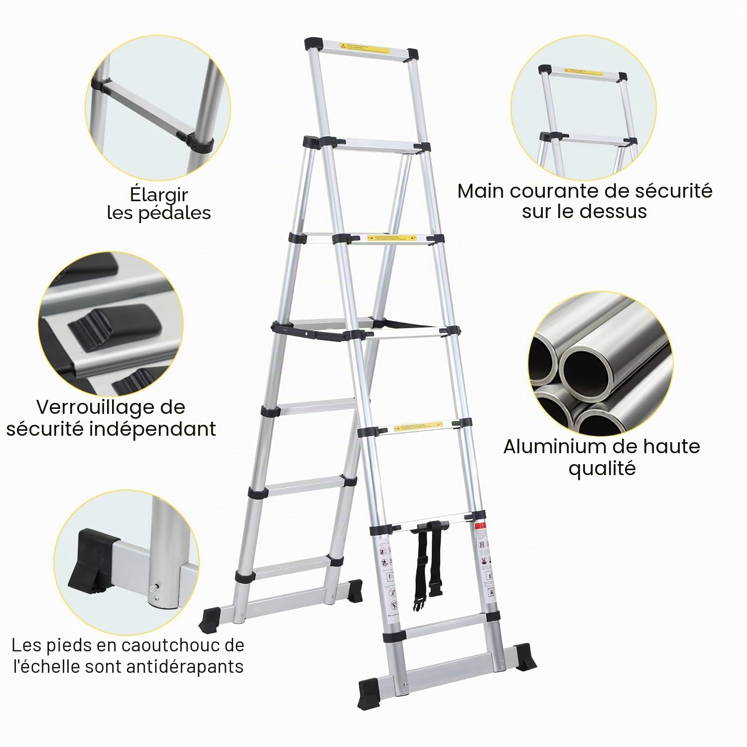 Sonnewelt Échelle télescopique pliante 2 m + 2,3 m - 6 + 7 marches - Cadre A - Multifonction - En aluminium - Pour réparation de toit Argenté