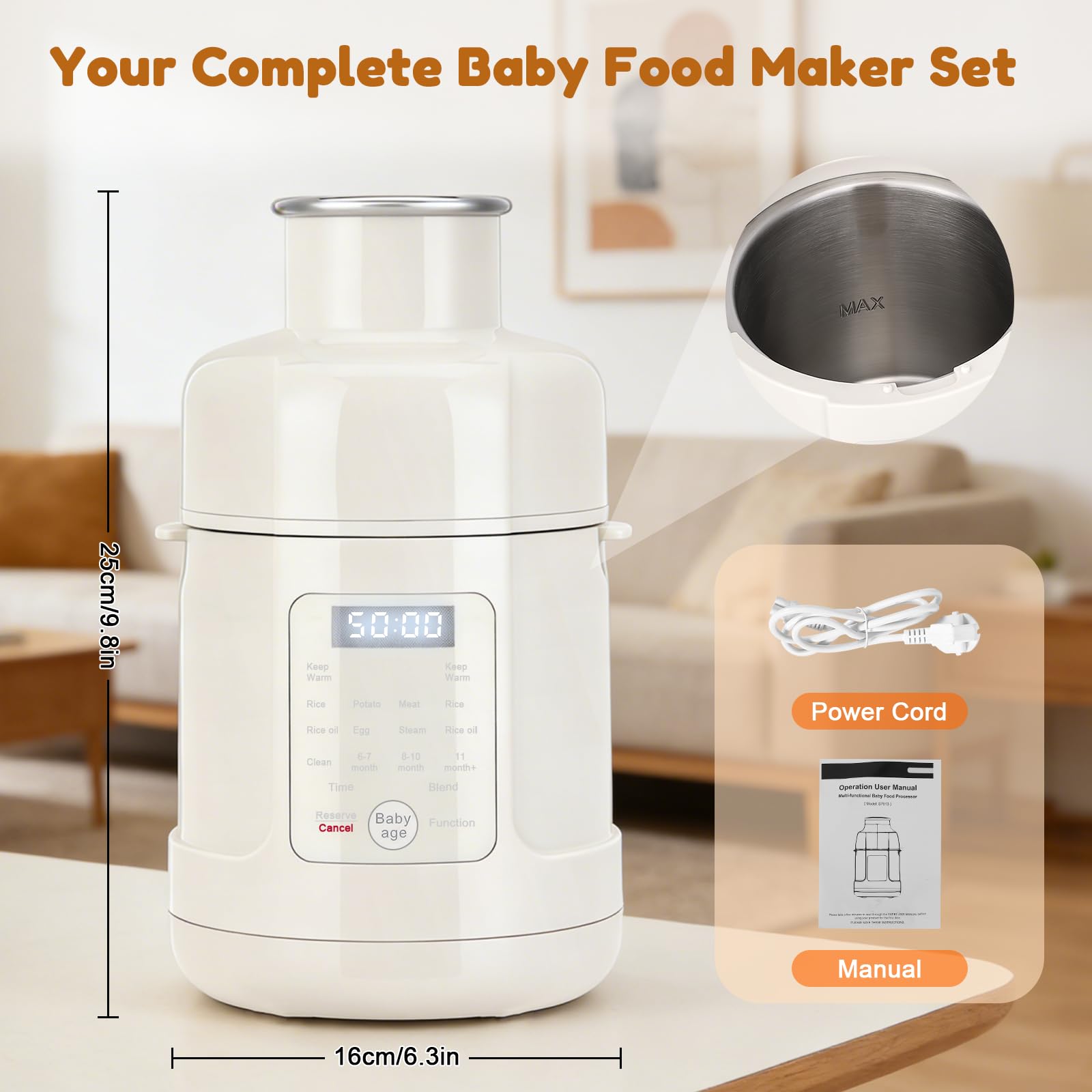 Robot cuiseur mixeur bébé 500W — Tout-en-un : cuiseur vapeur, mixeur, chauffe-biberon — Purées pour tous âges — Écran tactile, programmes préréglés, auto-nettoyage — Acier inoxydable