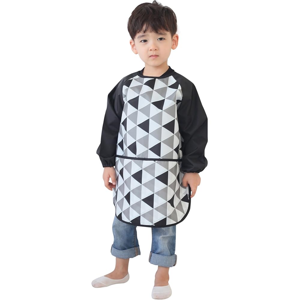 Plie Kids Painting Apron - Waterproof Long Sleeve Art Smock for Toddlers & Preschoolers, Messy Play, Baking, Crafts, Cooking, Sensory Activities (Ages 1-10), Black Triangle (21-XXL)