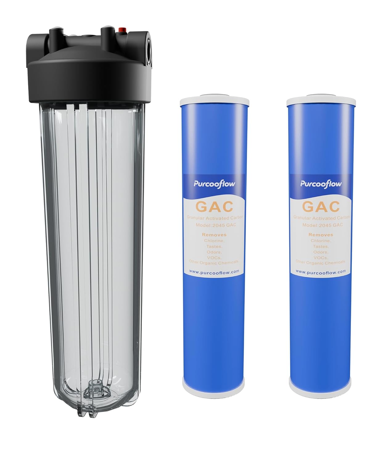 20" x 4.5" Chlorine&Odors Reduction Whole House Water Filter – 1" NPT Stainless Steel Ports, Heavy Duty Clear Filter Sump – Double O-Ring Leak-Proof with Pressure Release Valve