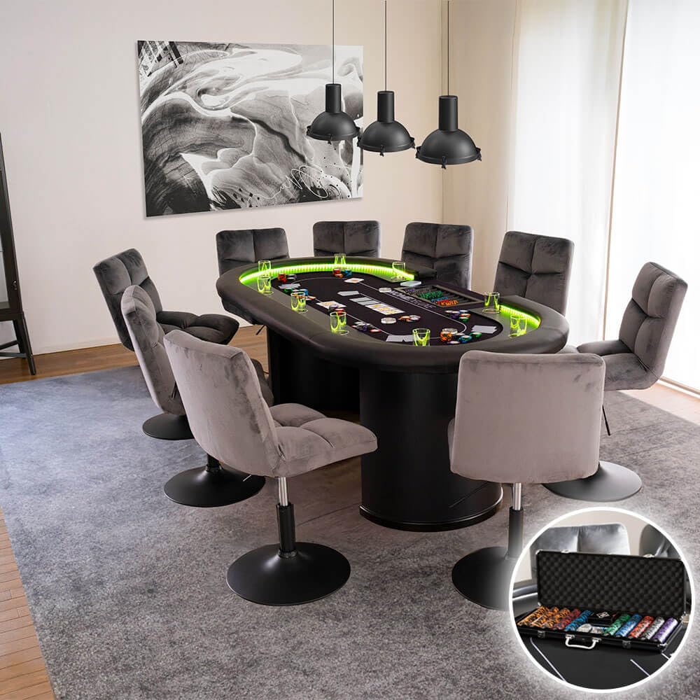 Home Deluxe Pokertisch mit 8 Stühlen Double UP LED Beleuchtung Getränkehalter 215x106x78 cm Hellgrau Spieltisch