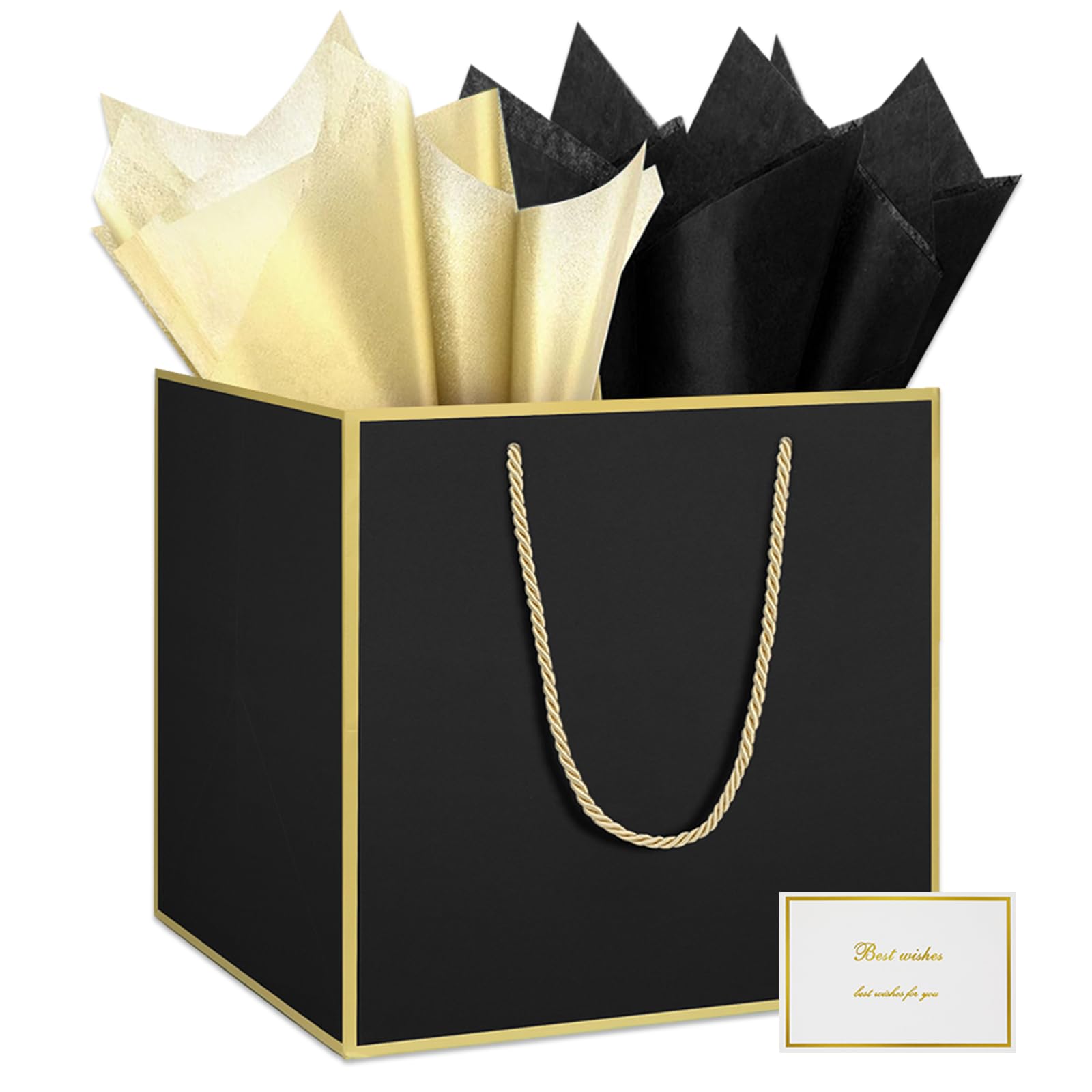 HONTIUS 11.8'' Extra Large Black Gift Bag Bags, Black Square Giant xl Gift Bag with Tissue Paper and Card for Wedding Birthday Presents Christmas Gifts
