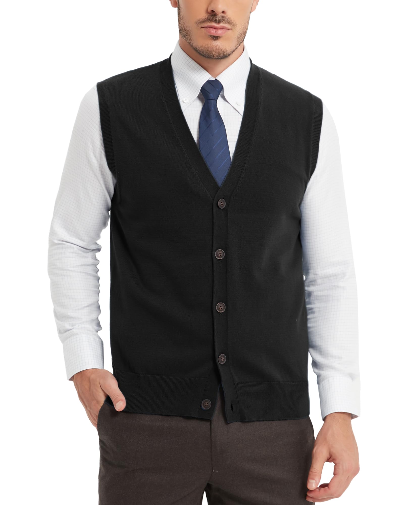 Kallspin Men’s Button Down Sweater Vest Lightweight Knitted Pure Cotton V-Neck Sleeveless Cardigans