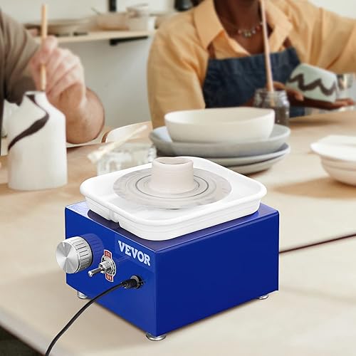 Vista 2 de VEVOR Mini Pottery Wheel for Kids and Beginners, Complete Pottery Kit with 2 Turntables 2.6in/3.9in and 17 Accessories Tools, 0-300RPM Speed Azul