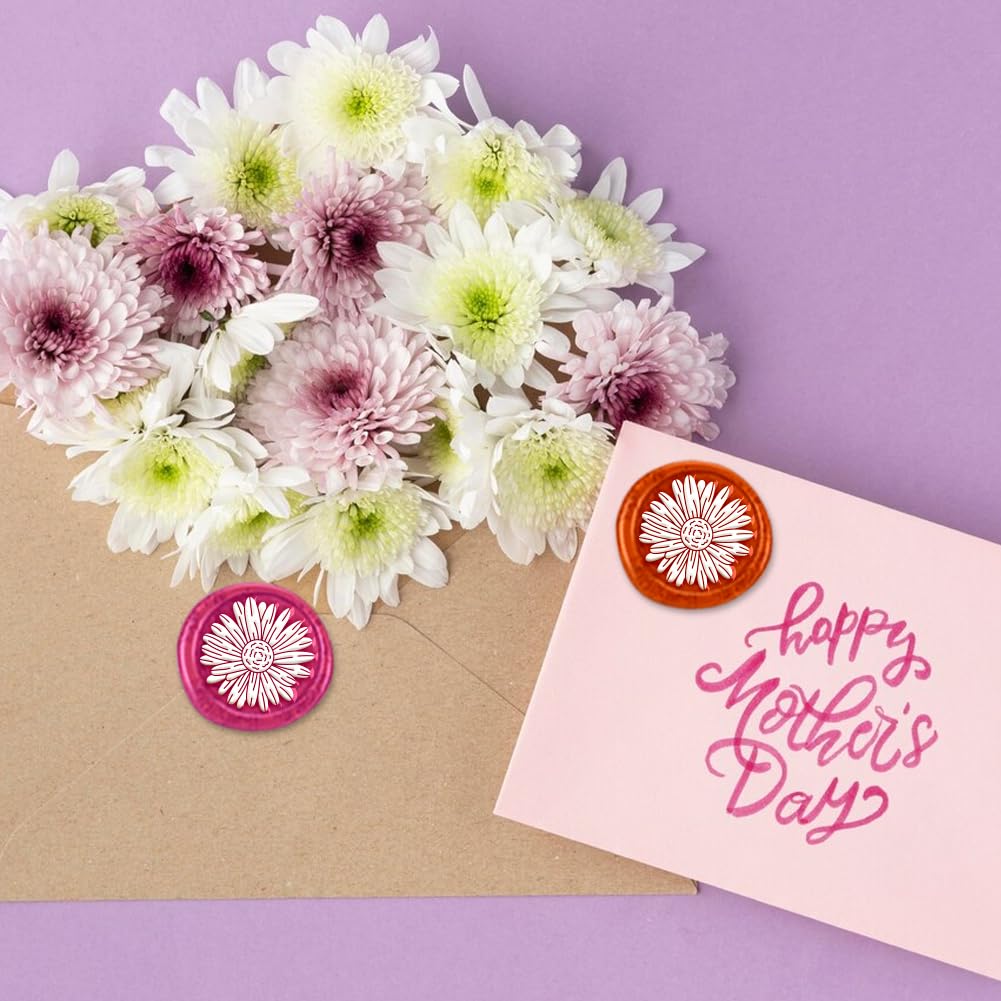 DELORIGIN Daisy Flower Wax Seal Plants Stamp Embossed Stamp Sealing Removable 1" Brass Wax Seal Stamp Head with Wooden Handle Sealing Wax for Birthdays Invitations Greeting Card Envelopes - Image 3