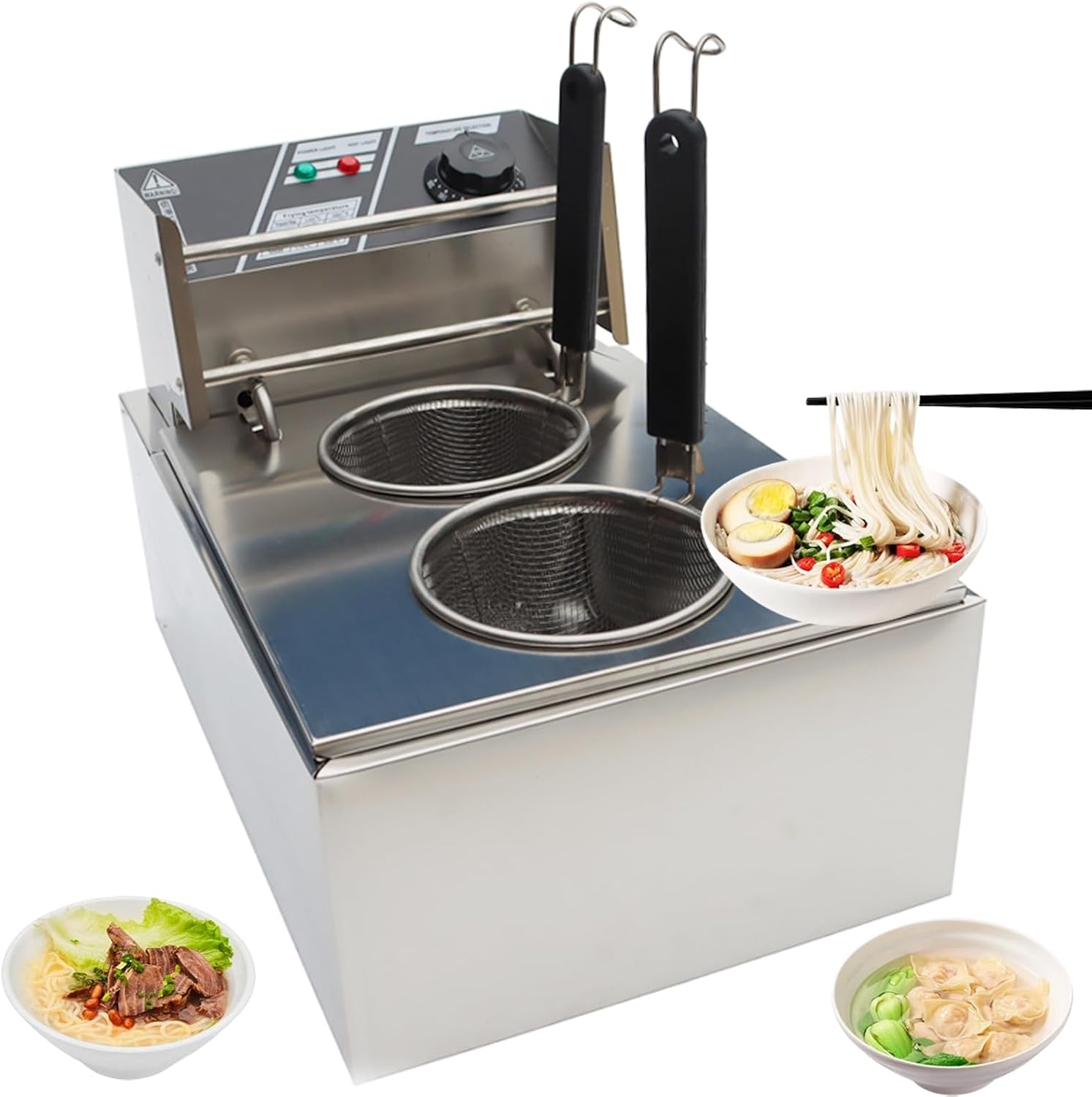 INTBUYING Electric Noodle Maker 2 Hole Commercial Pasta Maker 5 Ring Heating Tube with 2 Baskets for Restaurants Shop 110V 1700W 10L Capacity