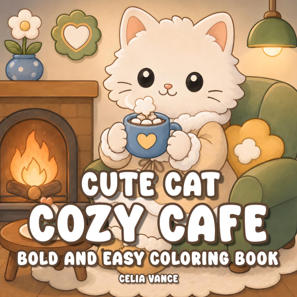 Cute Cat Cozy Cafe Coloring Book: Kawaii Animal Bold and Easy Designs for Adults and Teens (Cozy Cat)