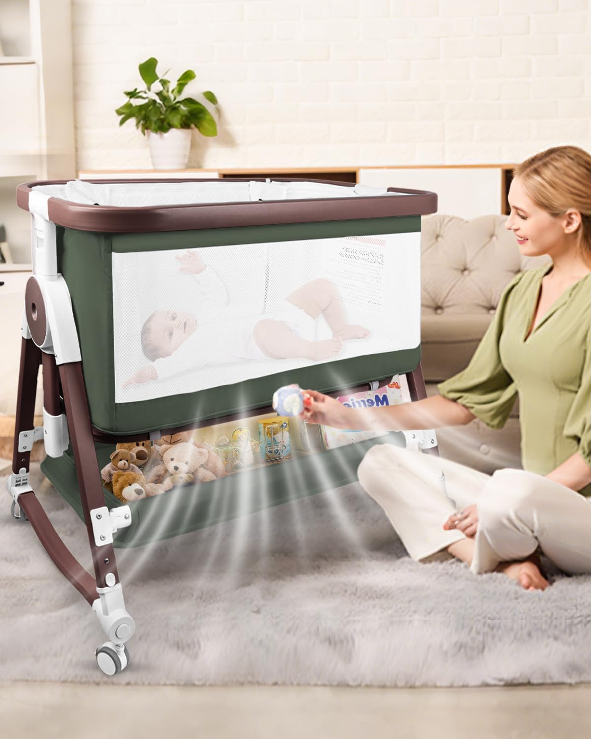 suihuooo 4 in 1 Baby Bassinet, Bassinets Bedside Sleeper with Wheels and Storage Basket, Adjustable 7 Heights Bedside Sleeper with Mosquito Net, Breathable Mesh Rocking Bassinet for Baby