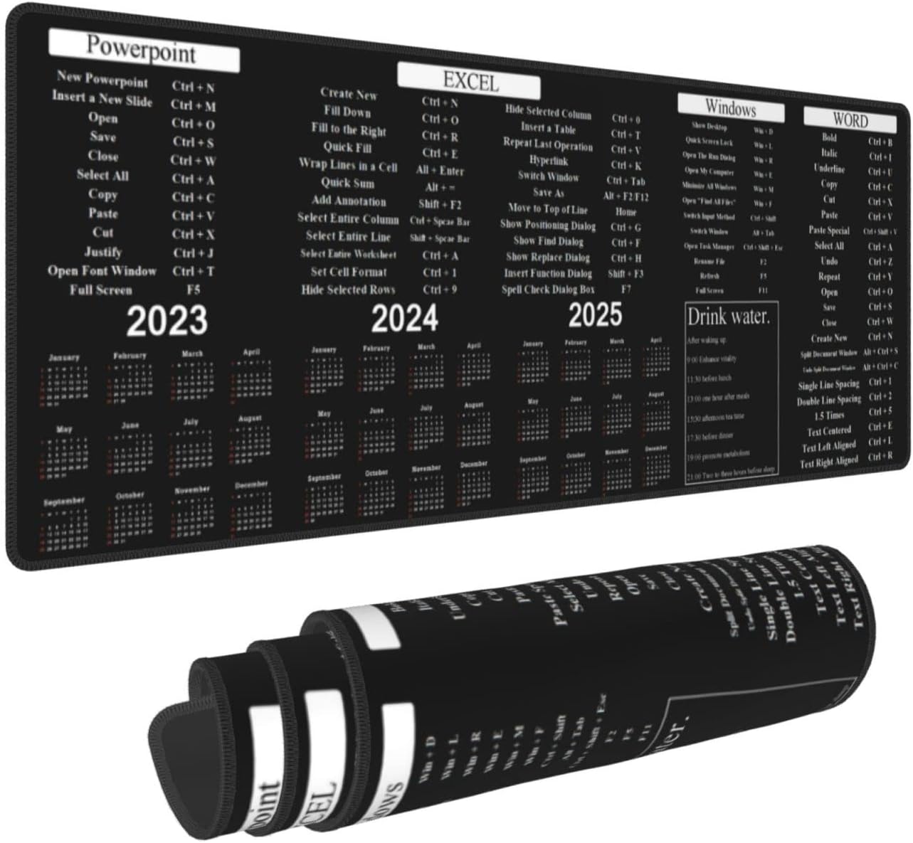 Black Word Office Power Point Excel Shortcut Keys Mouse Pad 11.8x31.5 in Big Extended Non-Slip Rubber Base Mousepad with Stitched Edges Gaming Pc Desktop Large Mouse Pad