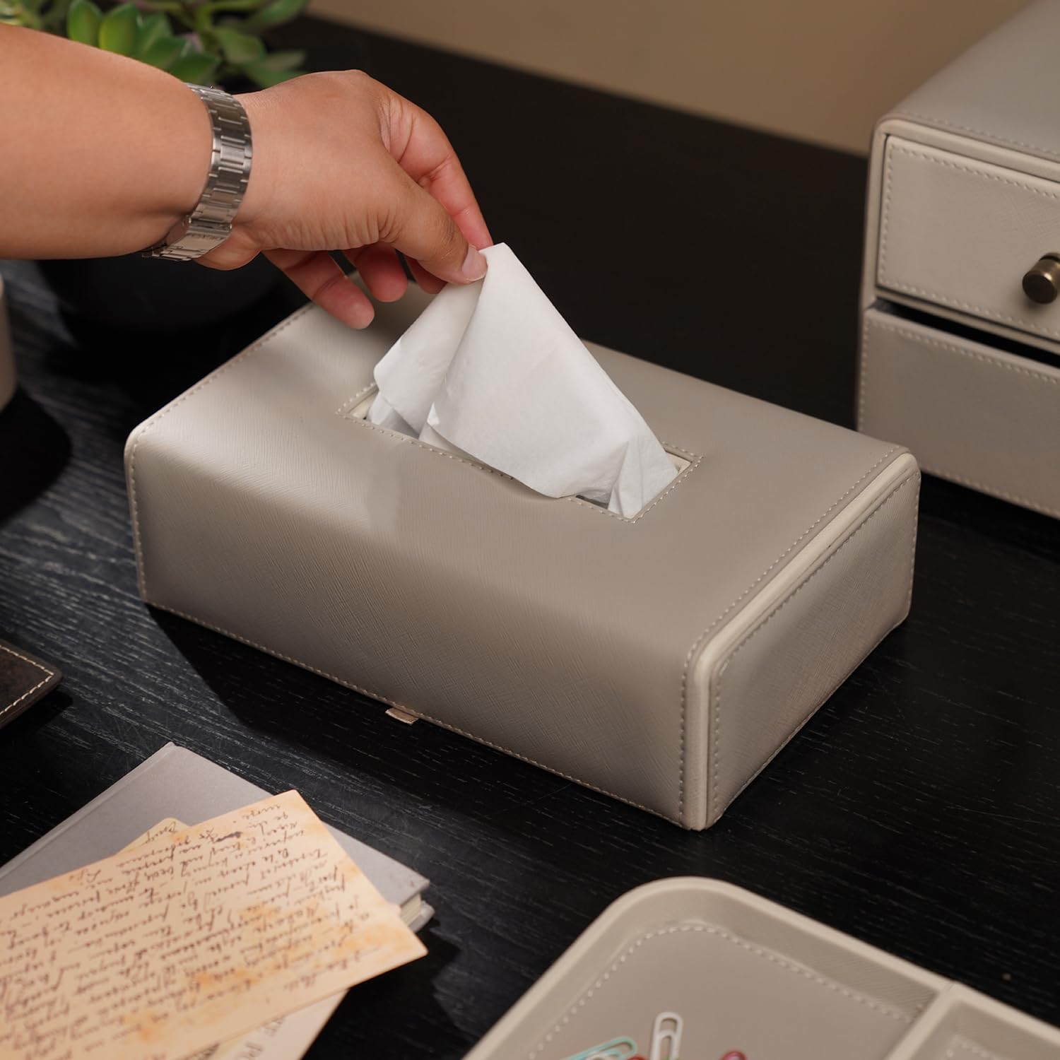 Pure Home + Living Beige Faux Leather Tissue Box Cover Regular Facial Napkin Holder | Organizer Case | Office Desk Gift Home Table Decor Car Hotel & Restaurant (Pack of 1)-image-31
