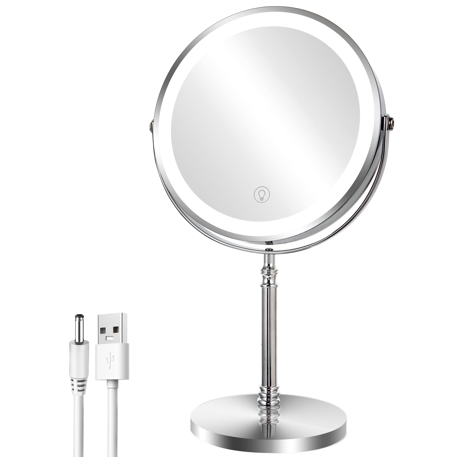 Espejo de maquillaje de aumento de 8 pulgadas con luz, espejo de maquillaje de rotación de 1X/10x 360 con iluminación, recargable de 3 luces de color, espejo de tocador de pie libre, espejo