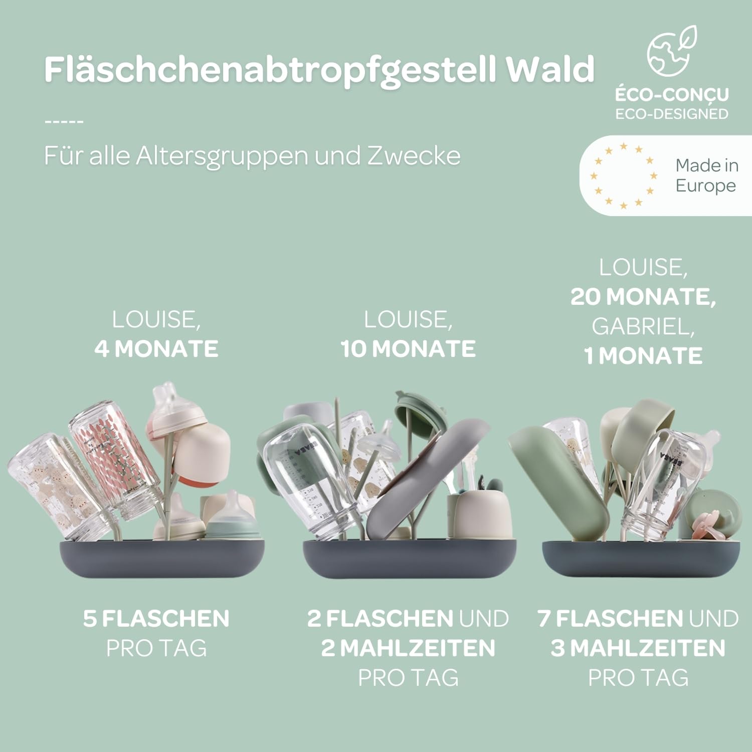 BÉABA Flaschen- und Kindergeschirrabtropfer – Großes Fassungsvermögen, Modular, Für bis zu 6 Flaschen, Zubehörbehälter, Optimierter Wasserablauf, Platzsparend & Praktisch – Salbei/Mineral