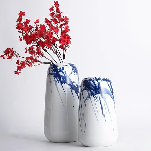 Miniatura 7 de Juego de 2 jarrones chinoiserie azules y blancos, juego de jarrones de cerámica blanca y azul, jarrones chinos, jarrones decorativos brillantes