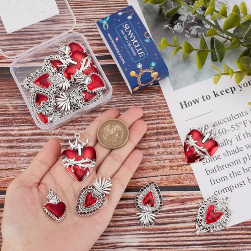 SUNNYCLUE 1 Box 20Pcs Valentines Day Heart Charms Gothic Style Sacred Heart Charms Bulk Antique Silver Red Thistles Thorns Fancy Enamel for jewellery Making Valentine's Day DIY Crafts Supplies - Image 3