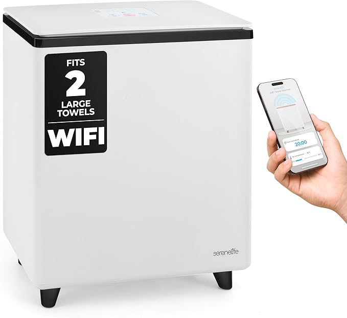 SereneLife WIFI Luxury Rectangle Towel Warmer - Spa & Bathroom Blanket Heater with Custom Fragrance, Auto Shut-Off, Fits 2 large Towels, Blankets, Bathrobes, PJ's - Perfect Gift for Him & Her (Black)