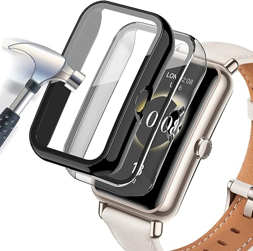Paquete de 2 Funda con protector de pantalla de vidrio templado compatible con Huawei Watch Fit Mini, dureza 9H de 360, funda protectora ultrafina