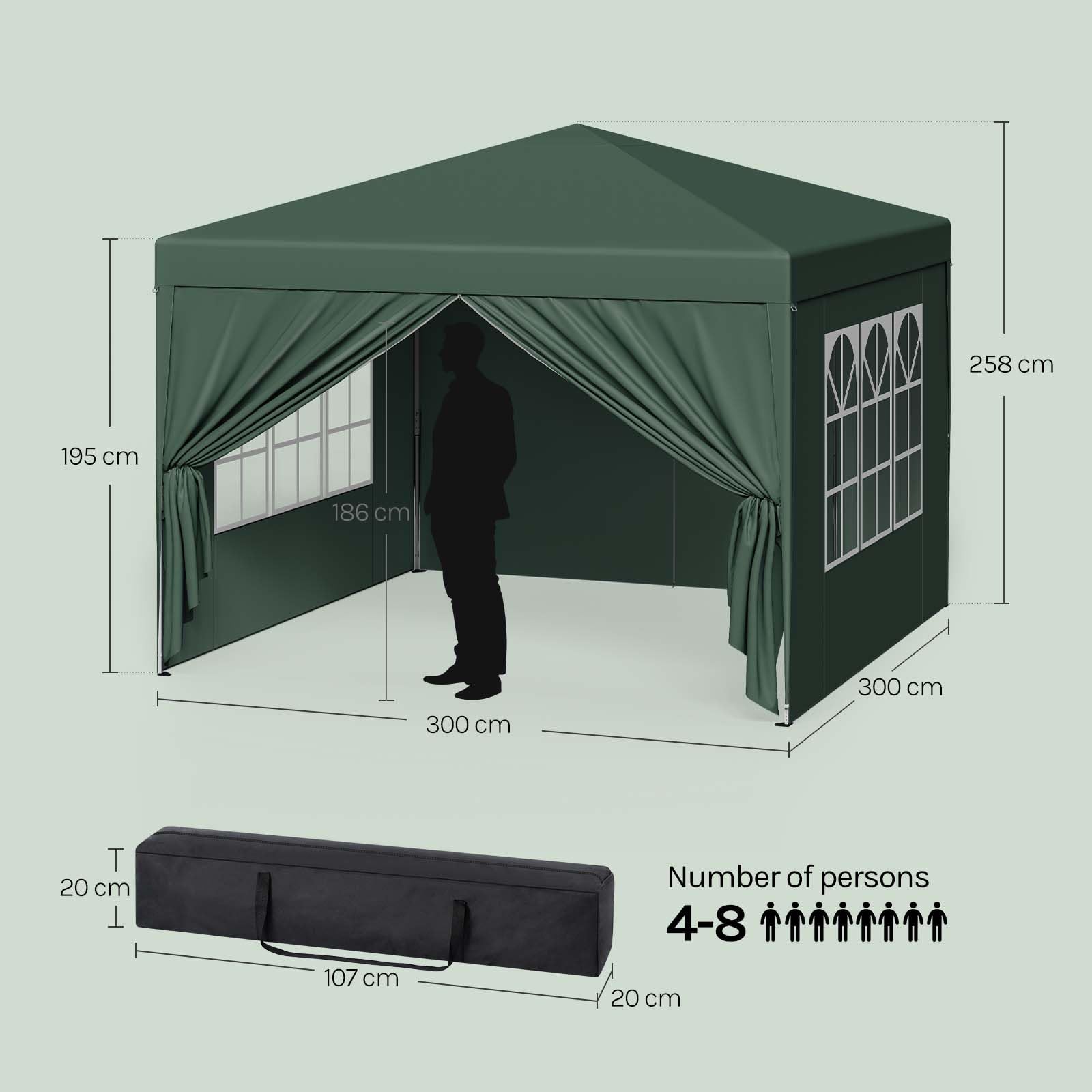 WOLTU Pawilon Pop-up, wodoszczelny, składany pawilon przeciwsłoneczny, ze ścianami bocznymi, pawilon ogrodowy na taras, kemping, festiwal, namiot pagodowy z metalowej ramy Oxford, 3 x 3 m, zielony