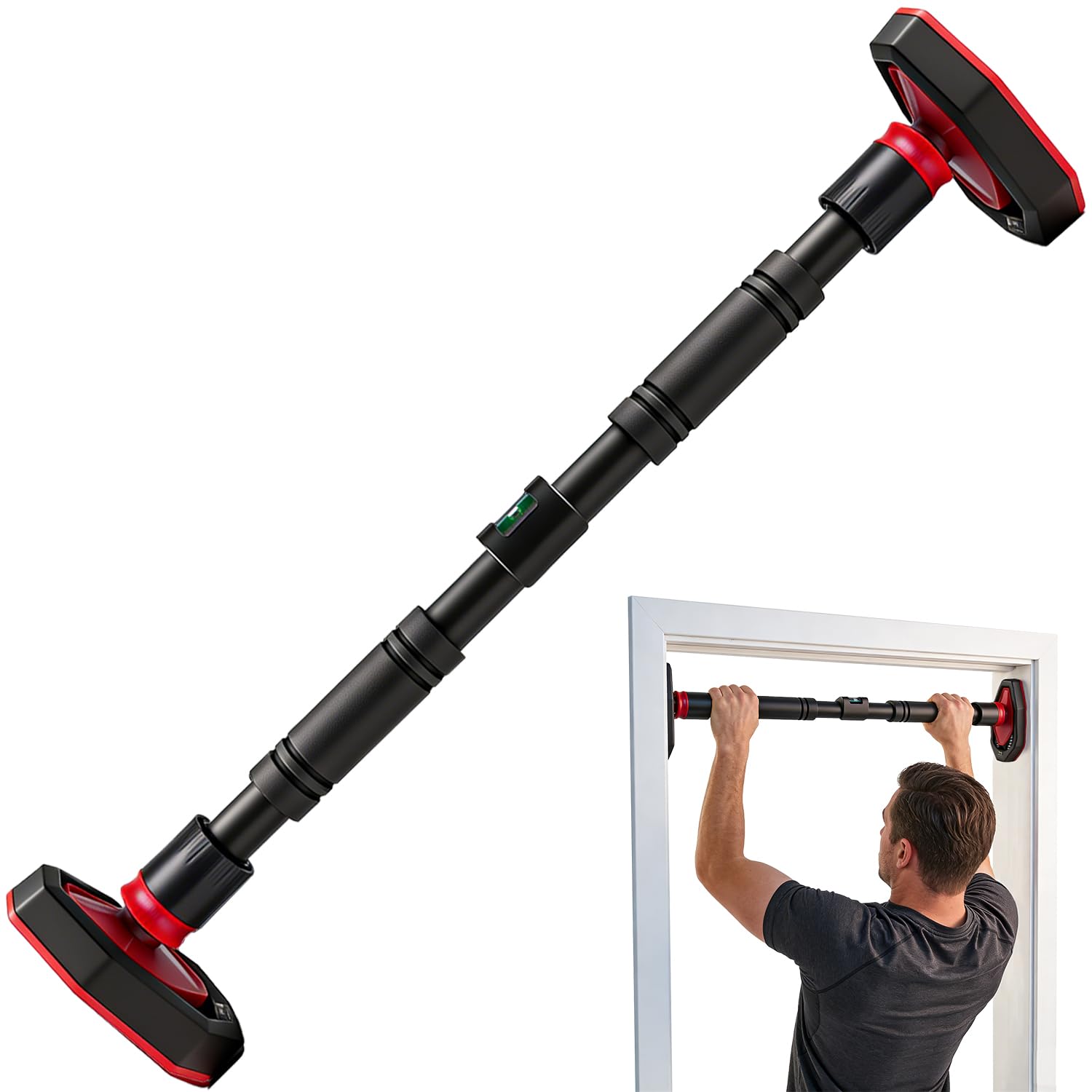 Door Pull Up Bar 65-100cm with Bubble Level, No Screws Required, Double Security Lock System and Anti-Slip Pads Chin Up Bar for Home Workout
