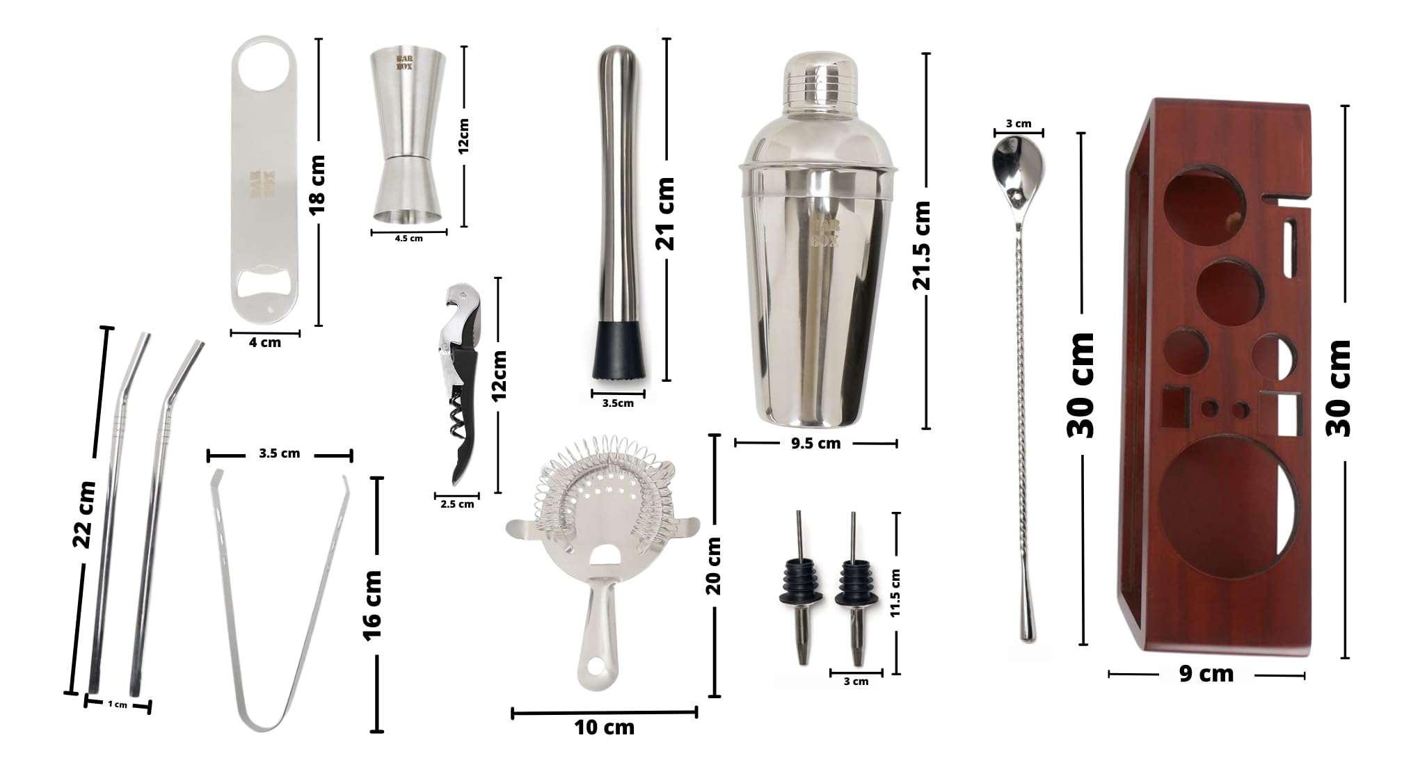 Bar Box Brown Wood Stand - 14-Piece Home Bartending Kit Martini Cocktail Shaker Set with Peg Measurers, Muddler, Bottle & Wine Opener Stylish Brown & Silver Bar Accessories and Bar Tools for Home - Image 5 thumbnail