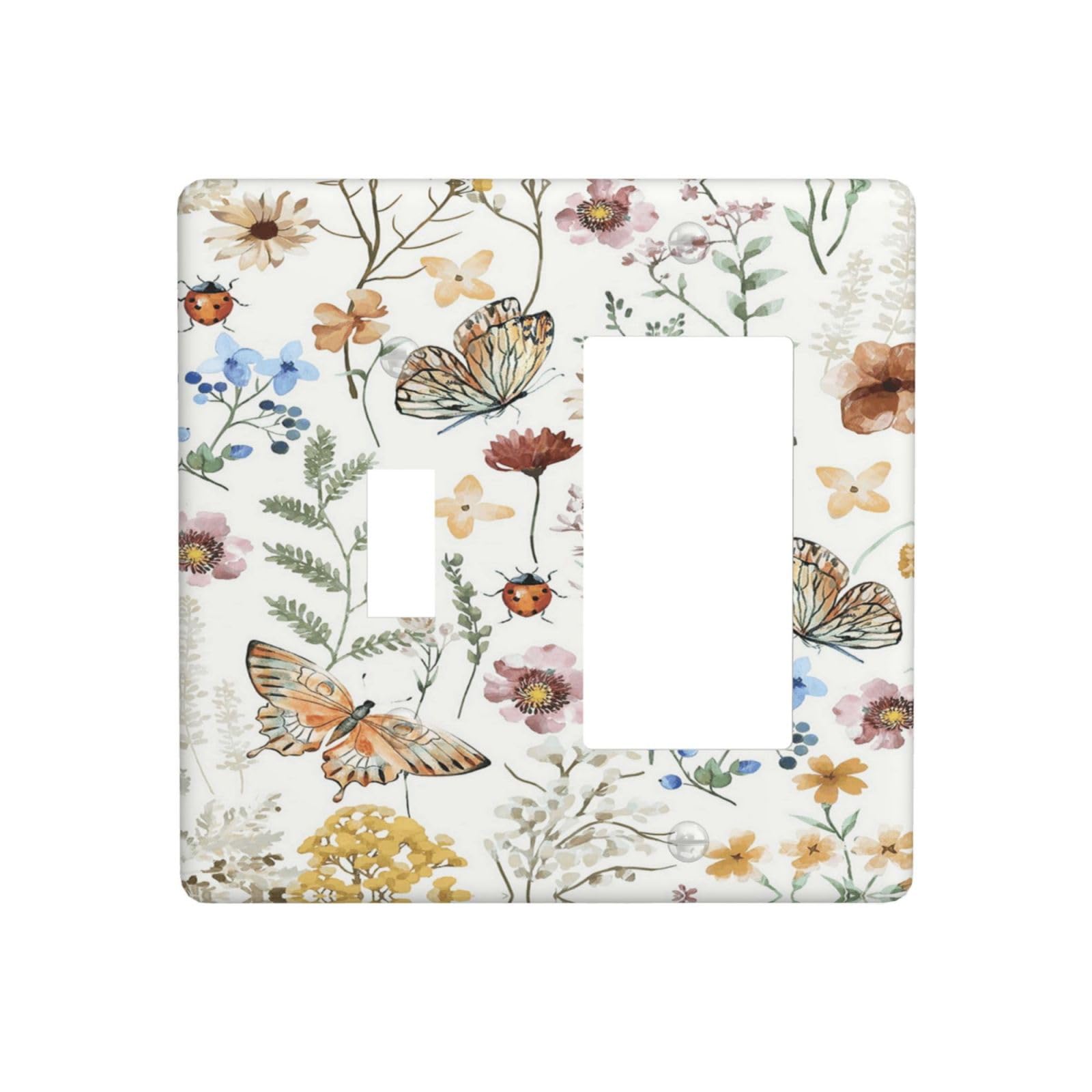 LOLREAI Decorative Outlet Covers Wildflower Butterfly Whimsical Floral 2 Gang Light Switch Cover Plate Single Toggle 1 Rocker Wall Plates Electrical Switch Plate Covers for Bedroom Home Decor