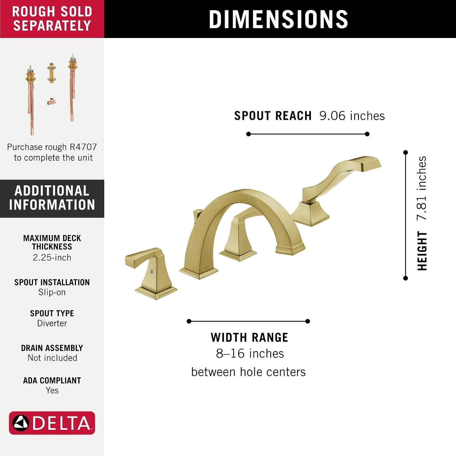 Delta Faucet Dryden Roman Tub Faucet with Hand Shower - T4751-CZ - Bathroom Faucet, Handles & Hand Shower Set - Champagne Bronze (Valve Sold Separately) image 3