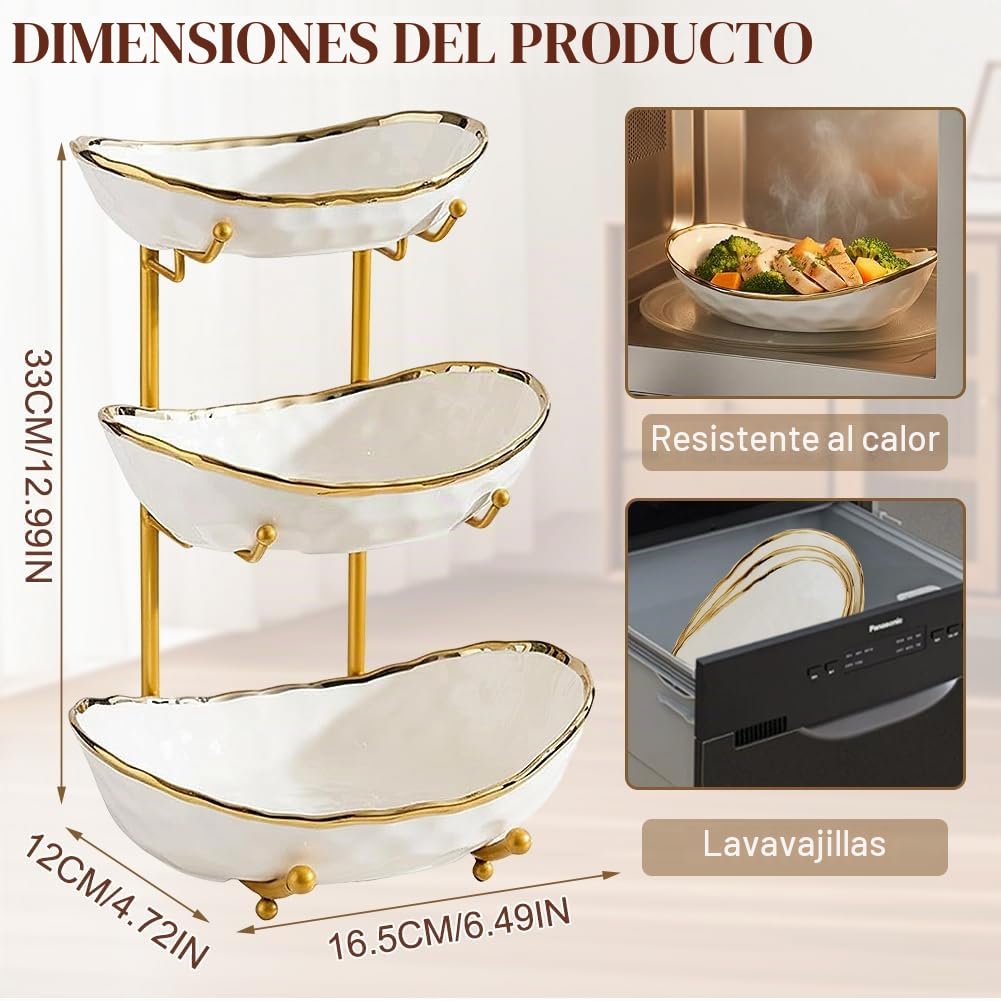 Frutero de cerámica de 3 capas con estructura de metal, soporte elegante para servir frutas, verduras y aperitivos, cuenco decorativo para cocina y salón (tres capas blancas)