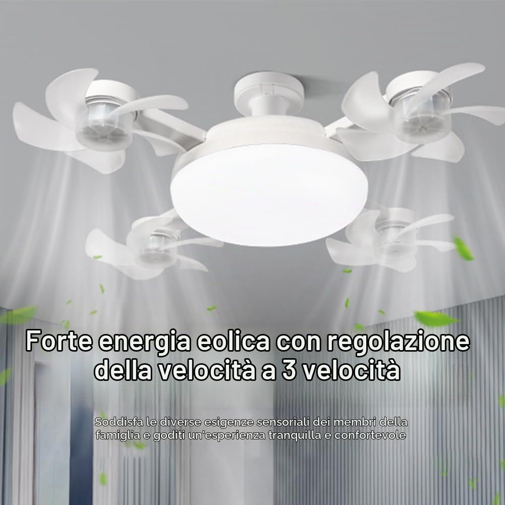 Ventilatore Soffitto LED Silenzioso 4 Teste, Timer 4H, 3 Vel, ABS Premium ABS+PC premium, timer 2H/4H, controllo parete+telecomando, <30dB, dimmerabile 3000K-6000K, 4 teste 50cm
