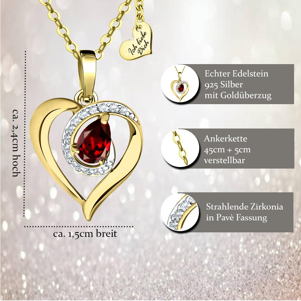 Herzkette echter Edelstein Silber 925 Gold vergoldet Halskette Damen Kette mit Herz Anhänger Schmuck Liebe Geschenk für Frauen Freundin Hochzeitstag Jahrestag Goldkette