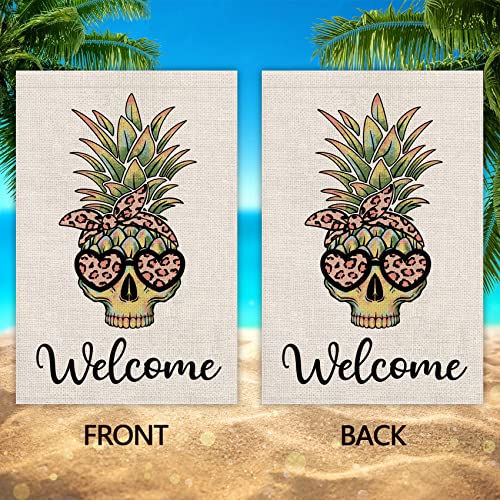Texupday Welcome Pineapple Skull With Sunglasses Decoration Double Sided Burlap Garden Flag Summer Farmhouse Beach Party Outdoor Yard Flag 12" X 18" #TOP2