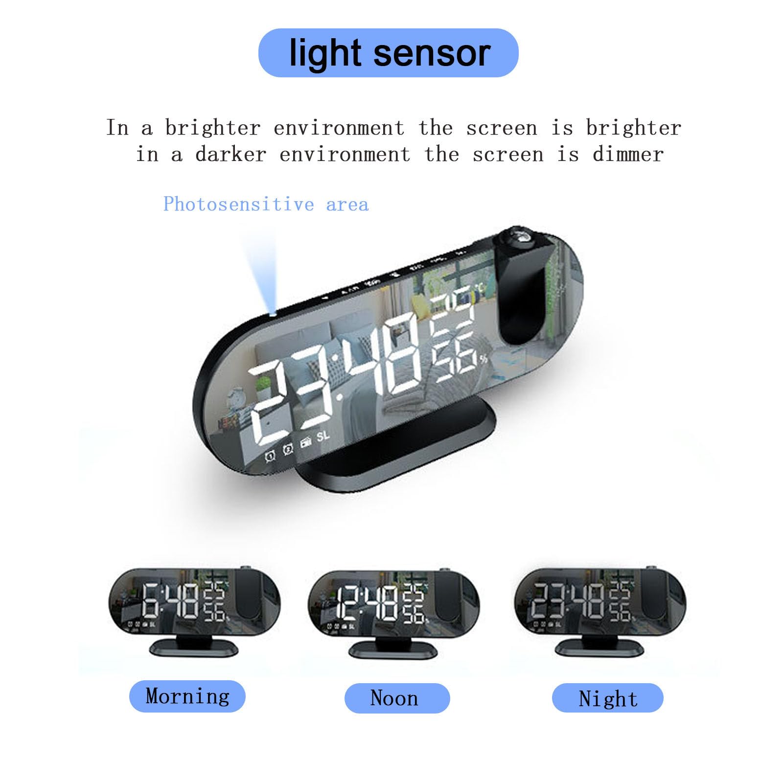 Reloj despertador de proyección con radio FM, reloj digital con puerto de carga USB, función de repetición, pantalla LED de espejo, brillo ajustable para dormitorios