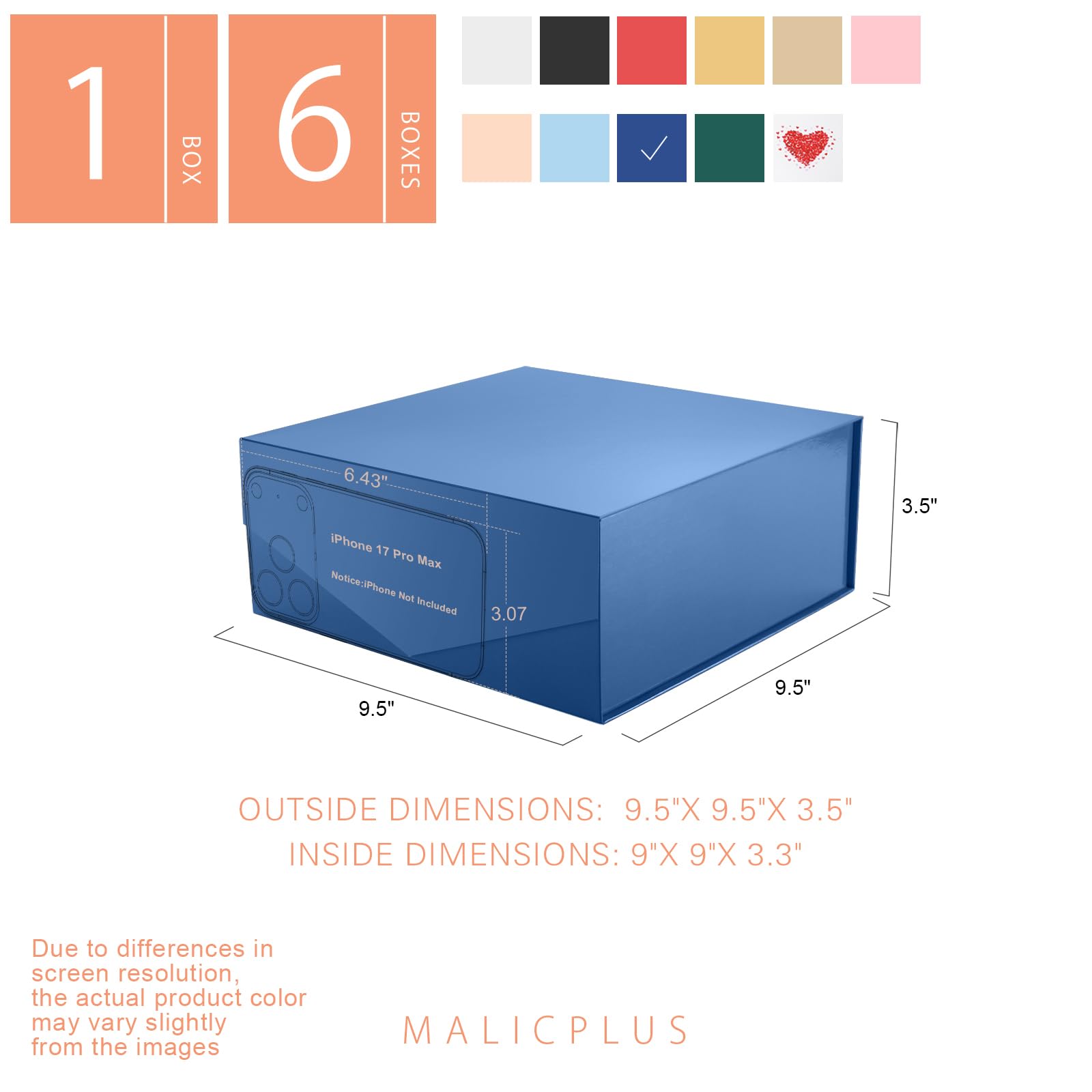 MALICPLUS Geschenkboxen mit Deckel, 22,9 x 22,9 x 8,6 cm, marineblaue Trauzeugen-Antragsboxen mit Magnetverschluss für alle Anlässe (glänzendes Marineblau), 6 Stück