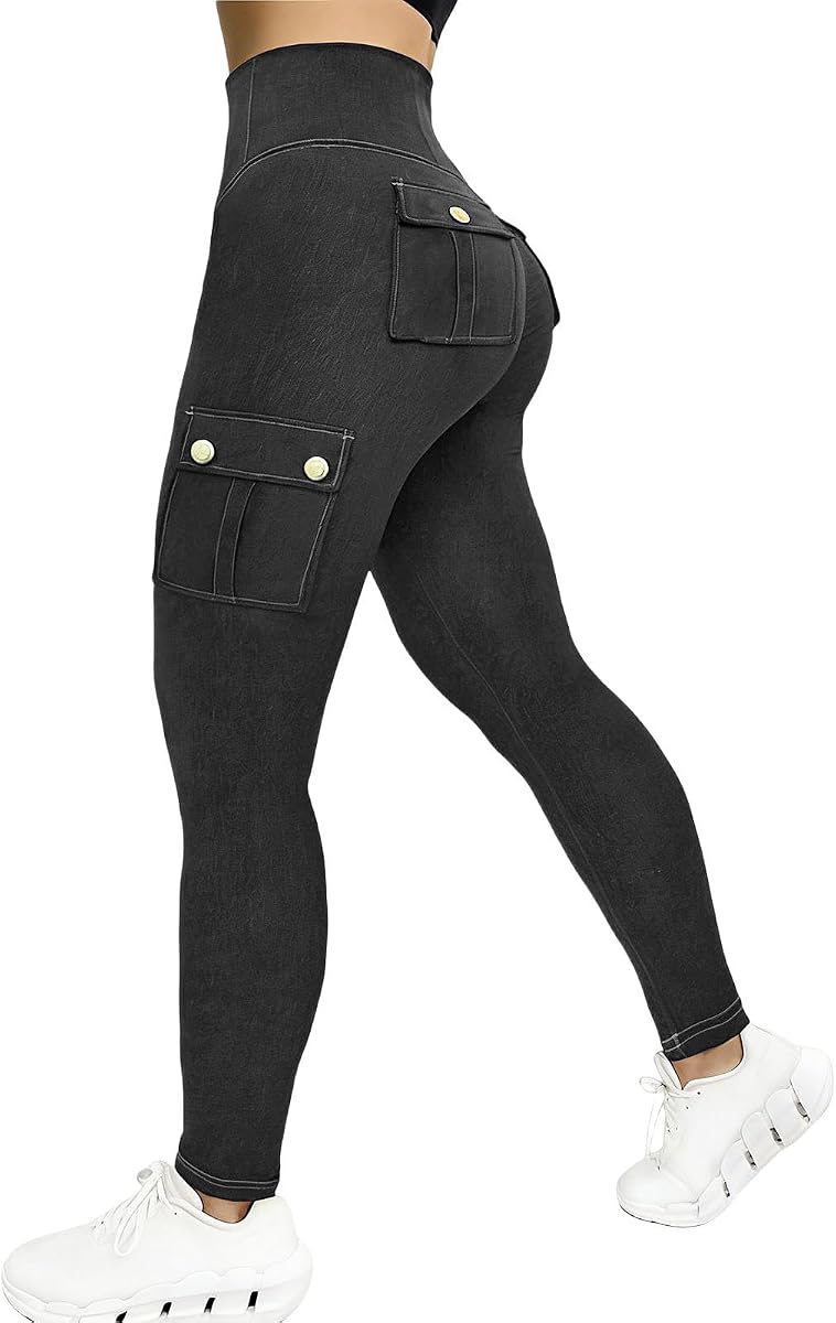 Leggings de mezclilla cargo con bolsillos para mujer, cintura alta, levantamiento de polainas, pantalones elásticos de yoga para correr