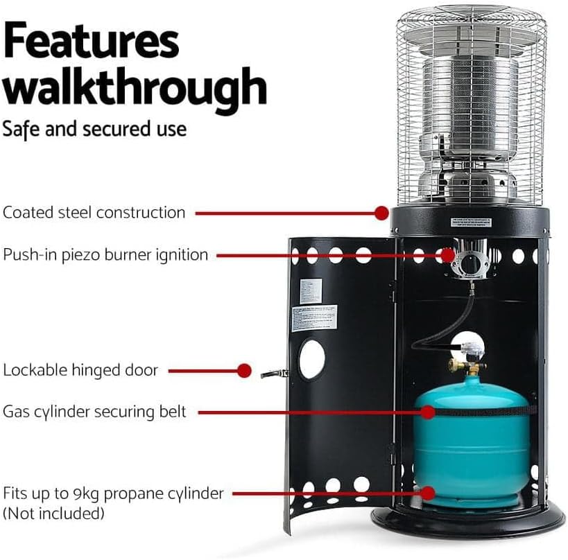 Internal view of Devanti Gas Patio Heater showing gas cylinder and connections