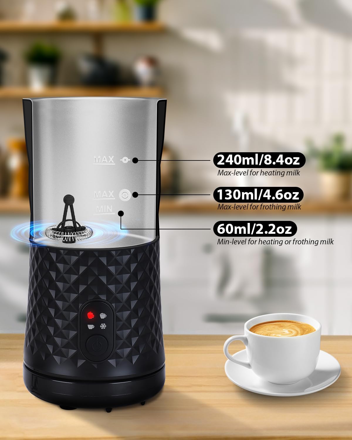 Milk Frother, Electric Milk Frother and Steamer, 4-in-1 Frother for Coffee, Auto Hot and Cold Foam Maker, Milk Warmer with Temperature Control, for Latte, Cappuccinos, Macchiato,Silent Operation,Black