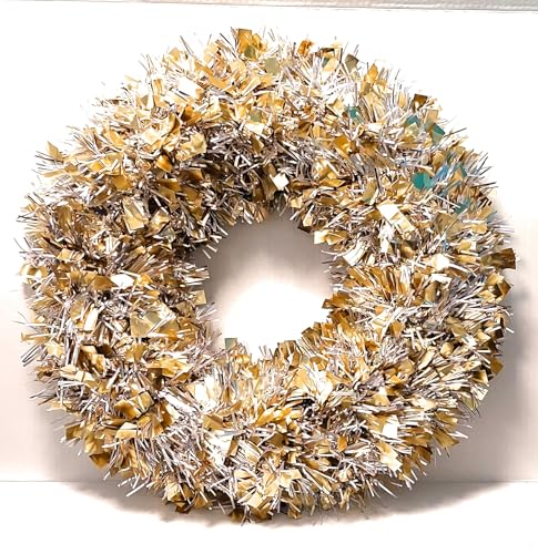 Festive Holiday Gold and Silver Tinsel Christmas Wreath, Metallic Shimmer