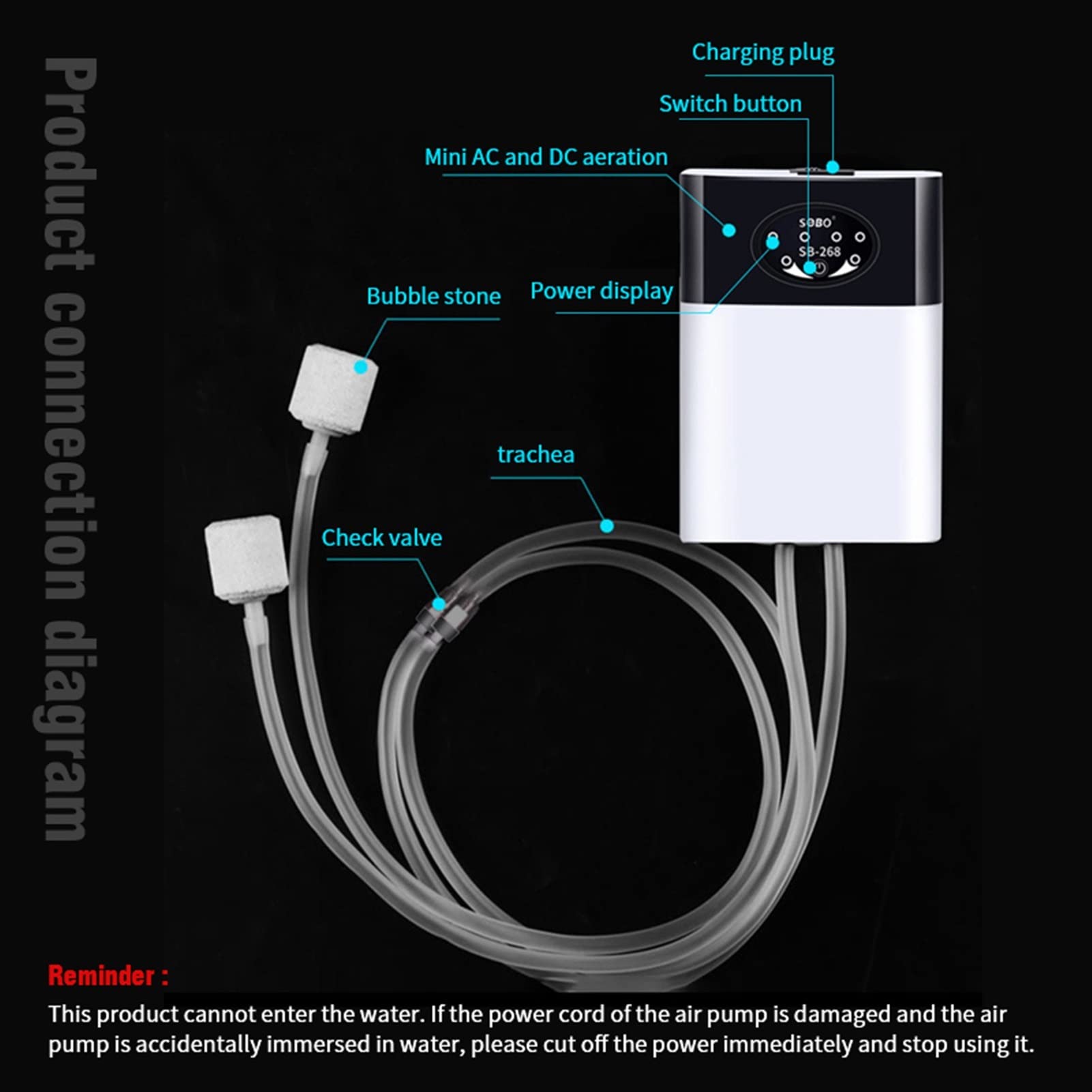 Bomba de Agua Bomba de oxígeno de Doble propósito Práctica Carga USB Piedra de Aire de Escape portátil Compresor de Aire Ultra silencioso para pecera Accesorios de Bomba de Acuario