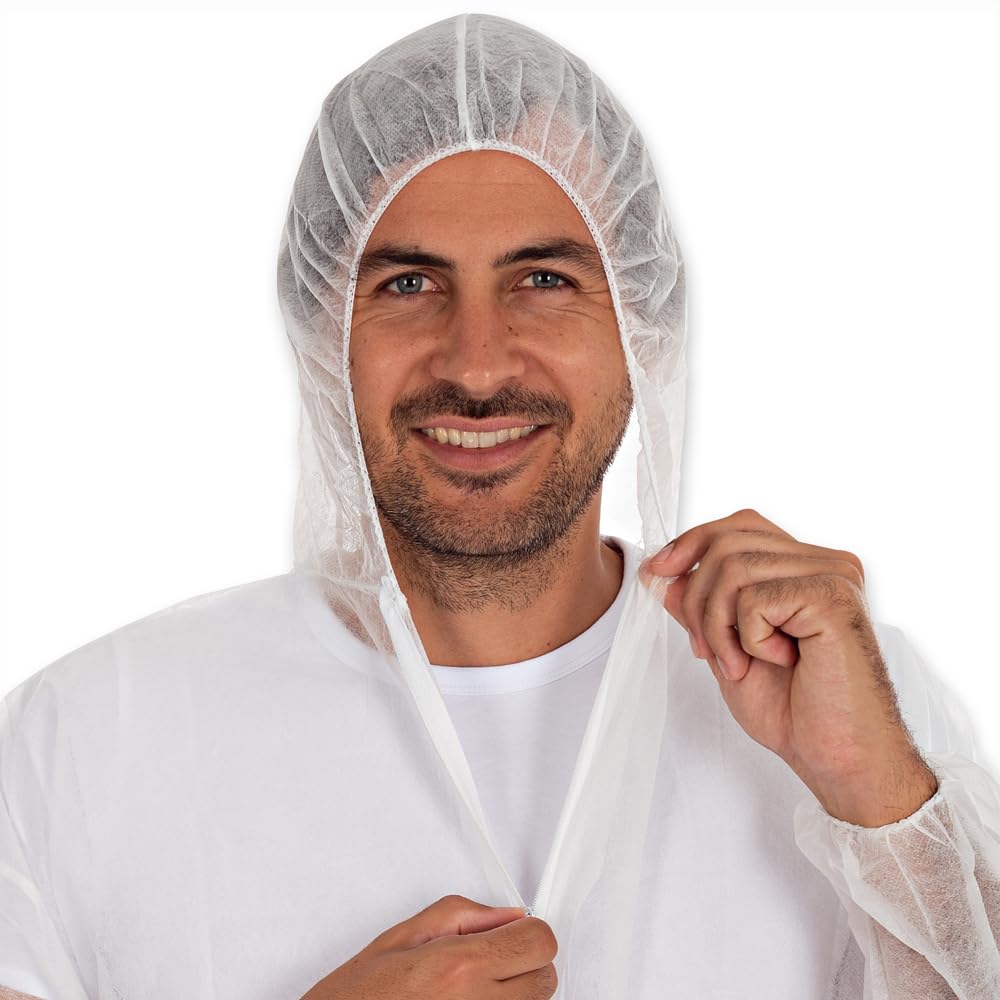 FRANZ MENSCH 50 Stück Hygonorm Overalls Light mit Kapuze | PP, weiß, XXL, Karton, Einweg Overall, Hygienebekleidung, Schutzanzug