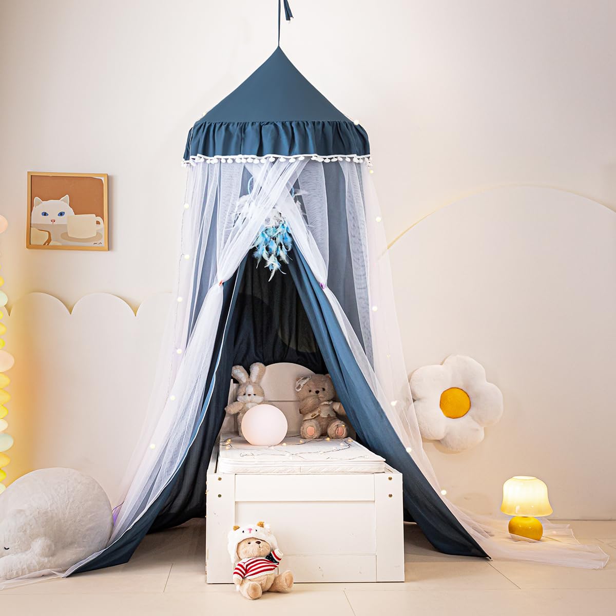 Akiky Bed Canopy with Star Lights Pompom Canopy Curtains Double Layer Canopy Mesh Curtains for Kids Reading Nook Hanging Canopies for Bedding(Navy Blue)